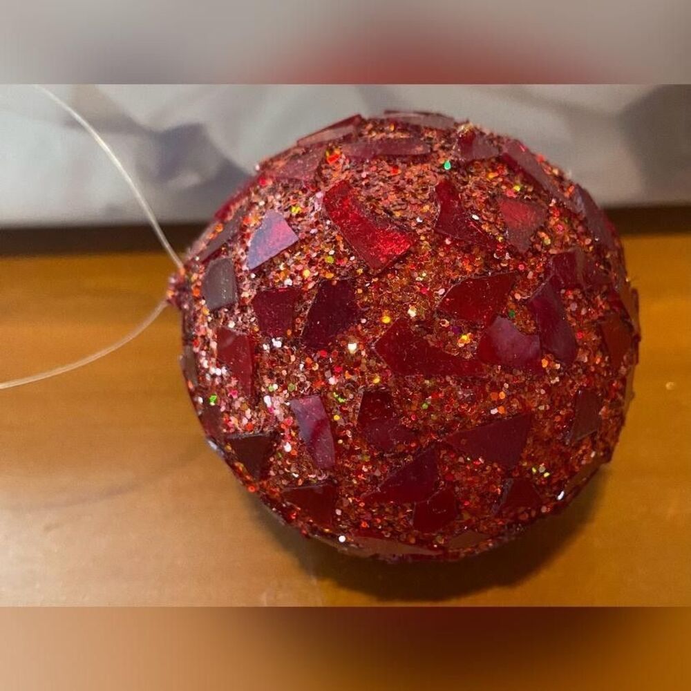 Vintage Red Glitter Christmas Bauble Small Hanging Tree Ornament Decor